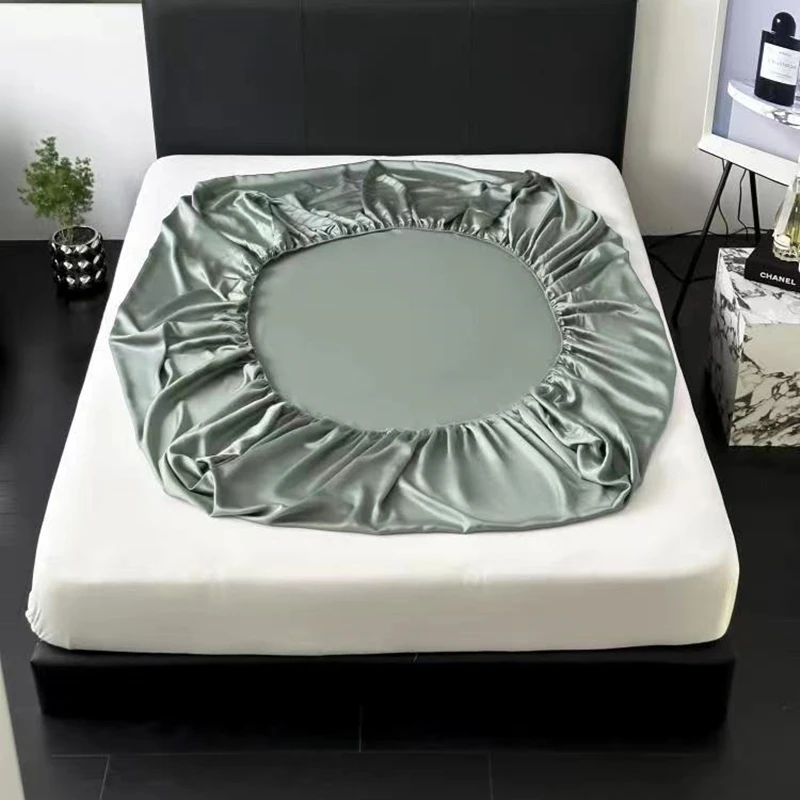 

1pcs Solid Ice Silk Material Fitted Glossy Finish Sheet Twin Queen King Mattress Cover With Elastic Band Soft Bedding