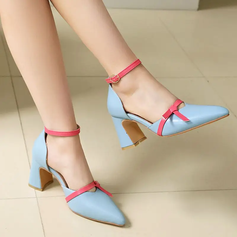 REAVE CAT Blue Women Sandals Pointed Toe Buckle Strap 7.8cm Block Heels Mixed Color Bowknot Big Size 46 47 48 Sweet Dating Shoes