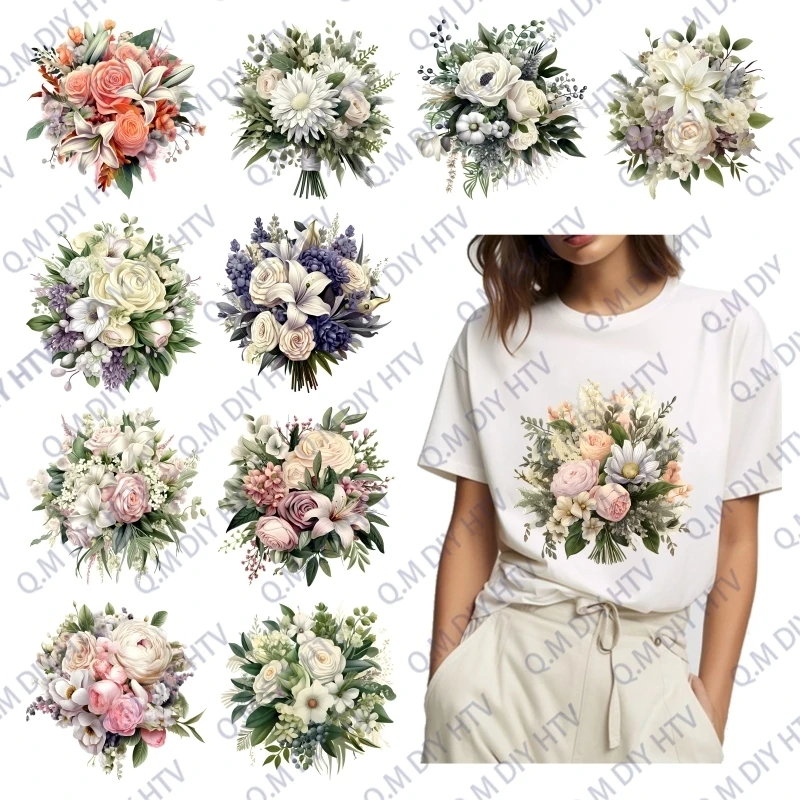 Exquisite bridal bouquet hot press printing DIY vinyl heat transfer sticker 25cm hot press decal iron on for T-shirt pillows bag