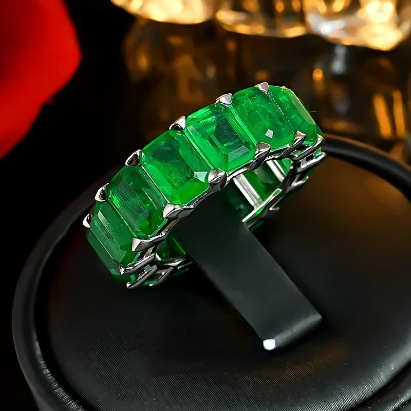 YANZE Elegant 925 Sterling Silver 5*7mm Rectangular Lab Emerald Paraiba Ring For Women Vintage Couple Jewelry Gifts