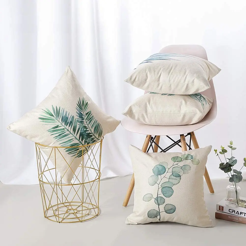 green plant leaf linen cushion cover trim, pillowcase home decor, suitable for sofa, car, bedroom 40x40 45x45 50x50 60x60