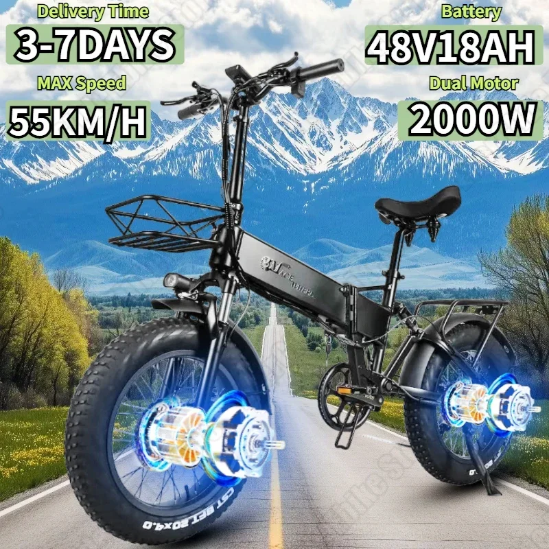 Electric Bicycle RX20 MAX 2000W Dual Motor 48V18AH Lithium Battery Hydraulic brake Electric Bike 20*4.0 in Fat Tire Fold E-bike