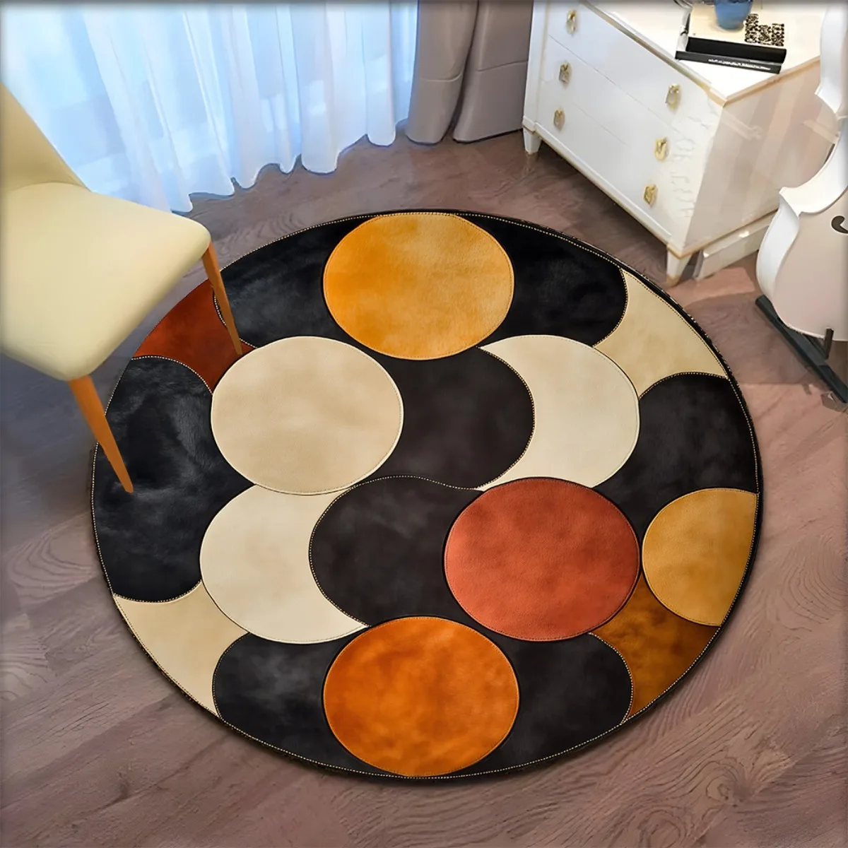 Contemporary Abstract Round Floor Rug, Vintage Tone Overlapping Circles Patchwork Geometric Pattern Decor Area Rug for Ornament