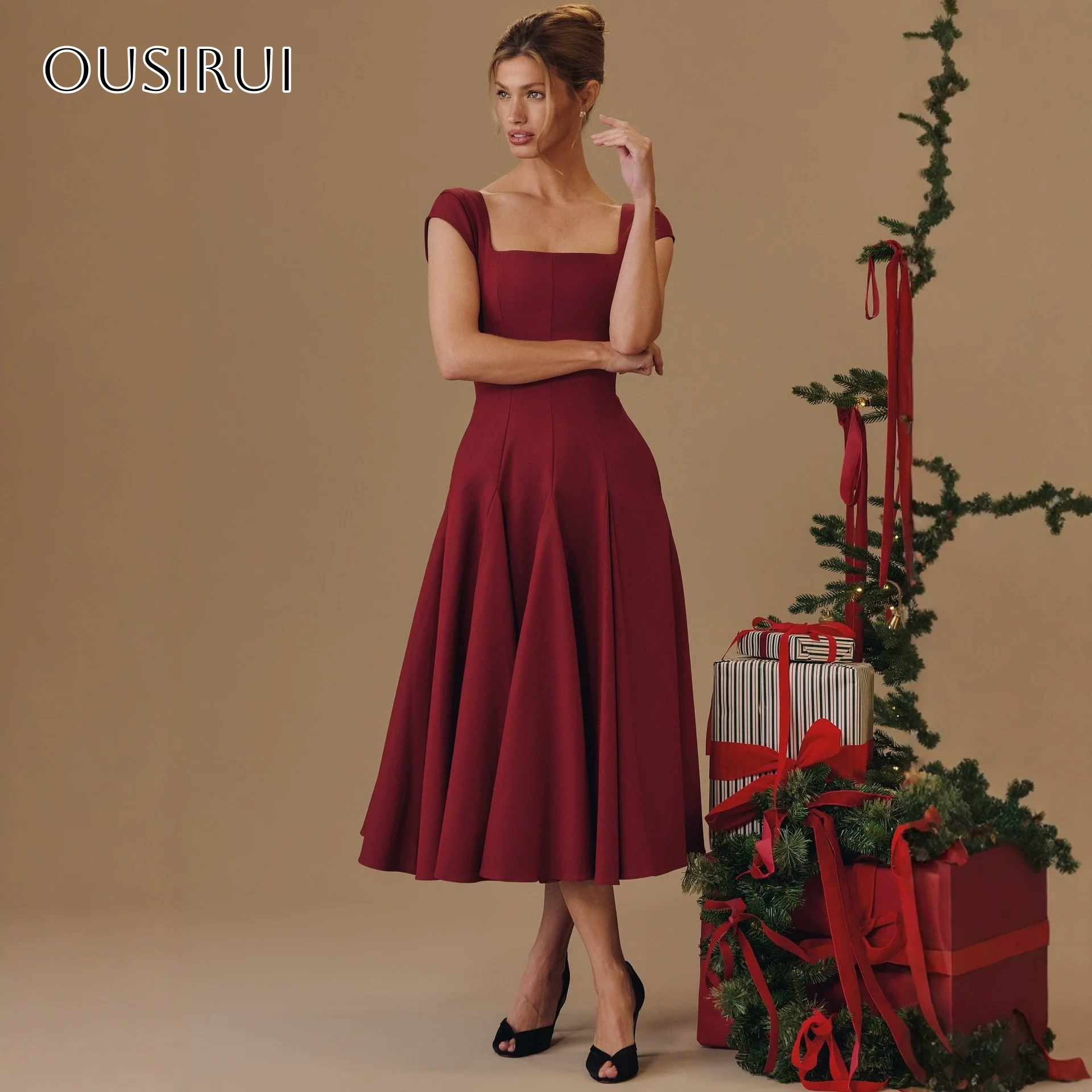 Robe de Cocktail trapèze en Satin, manches cape, longueur thé, Corset plissé au dos, robe de bal personnalisée