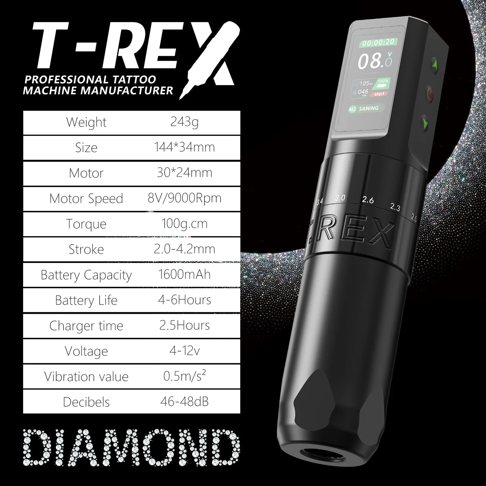 Adjustable Tattoo Machine T -Rex Wireless Tattoo Pen Machine - Professional Rotating Tattoo Gun, High Quality Tattoo Pen