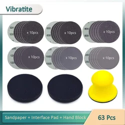 63Pcs Sandpapers 3 Inch Sanding Disc Hook and Loop Wet Dry Sandpaper with Hand Sanding Blocks 2Pcs Interface Pads for Wood Metal