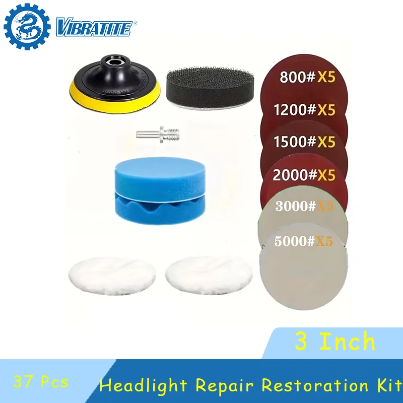 3 Inch Headlight Repair Restoration Kit 37 Pcs Wet Dry Sanding Discs 800-5000 Grit Silicon Carbide Sponge Wool Polishing Pad