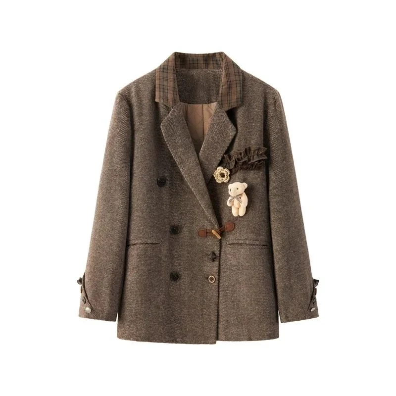 Little Bear Cotton Four Piece College Style Coffee Color Collar Button Long Sleeve Suit