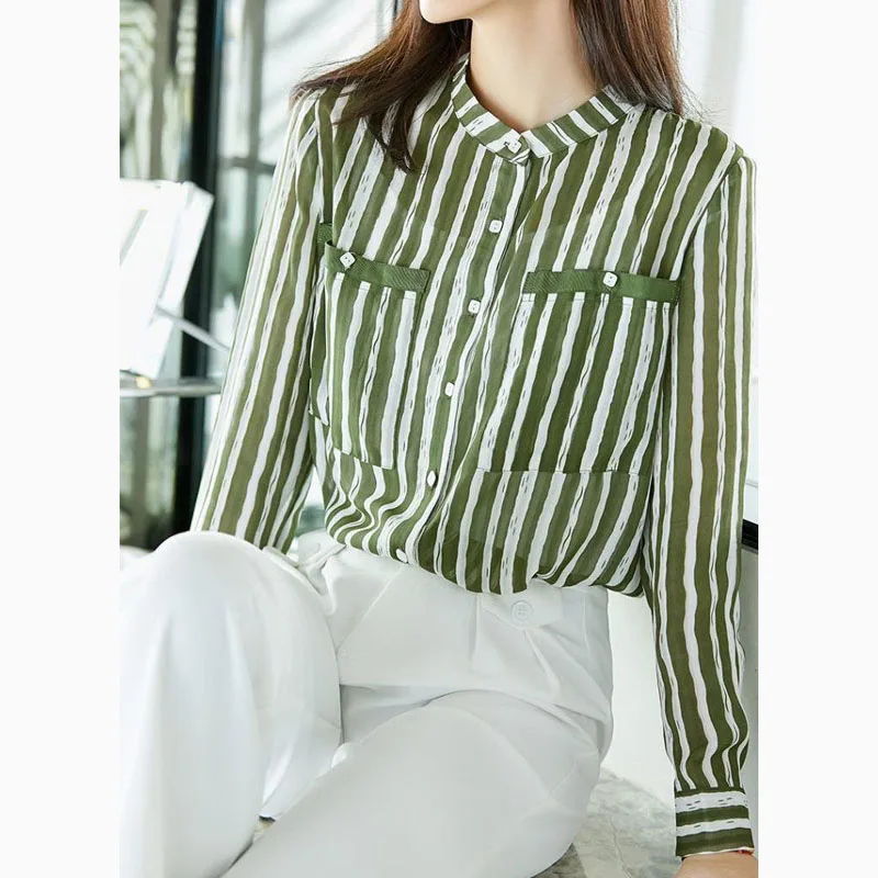 Korean Fashion Female Striped Printed Long Sleeve Blouse Spring Women\'s Clothing Loose Pockets Spliced Stand Collar Casual Shirt