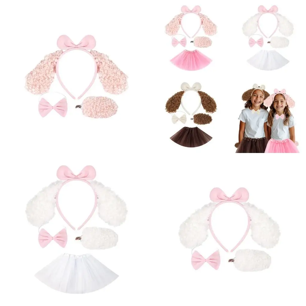 R1WE 1/3/4Pieces Hondenkostuums voor kinderen Girls Hondenoren Hoofdbandstaartstaart Tutus Rok Halloween Animal Cosplay