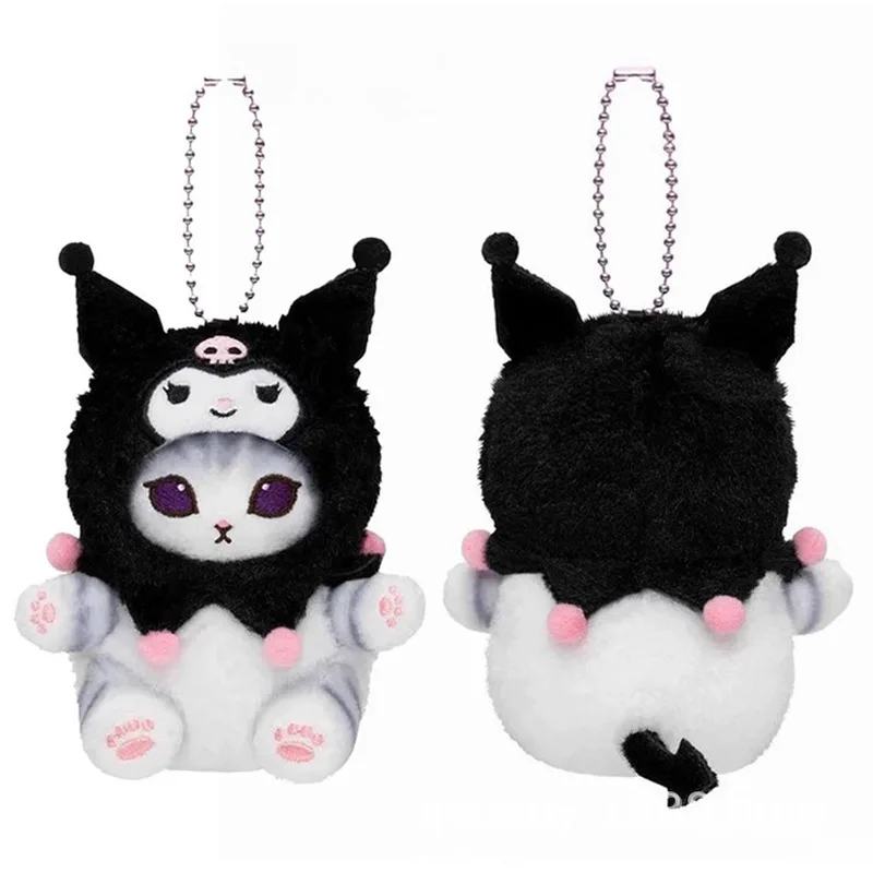 Chaveiro de pelúcia Kawaii Mofusand Cross-Dressing Hello Kitty e Kuromi - Boneca de pelúcia de anime de 10-12 cm, pingente de mochila Sanrio