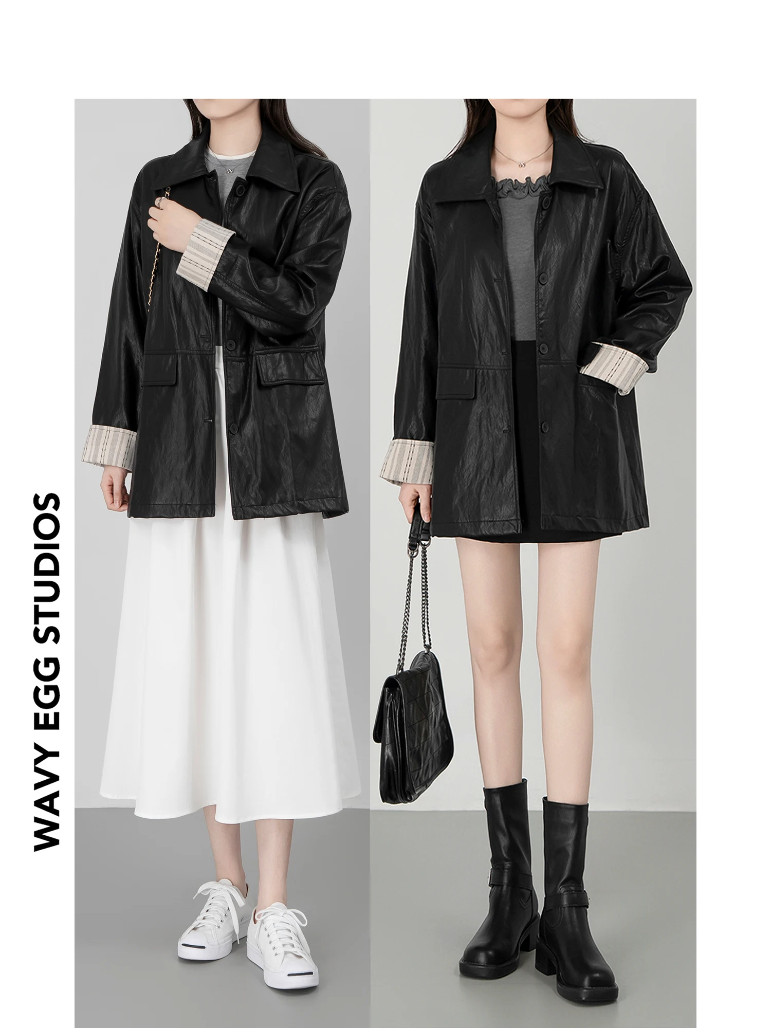 ウェーブイーグウェーブエッグ レディース ロングジャケット ブラ スプライシングレザーコート スリ 通勤 スレ 秋 ファッション アウターウェア