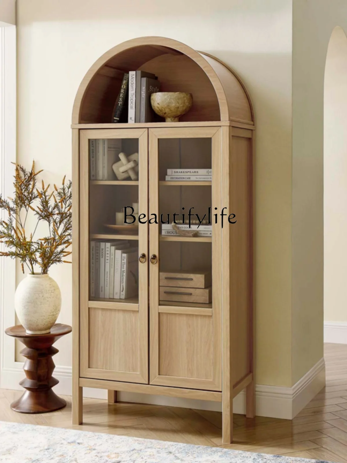 

American Style Arched French Retro Wine Cabinet Glass Door Storage Cabinet Study Wood Color Bookshelf