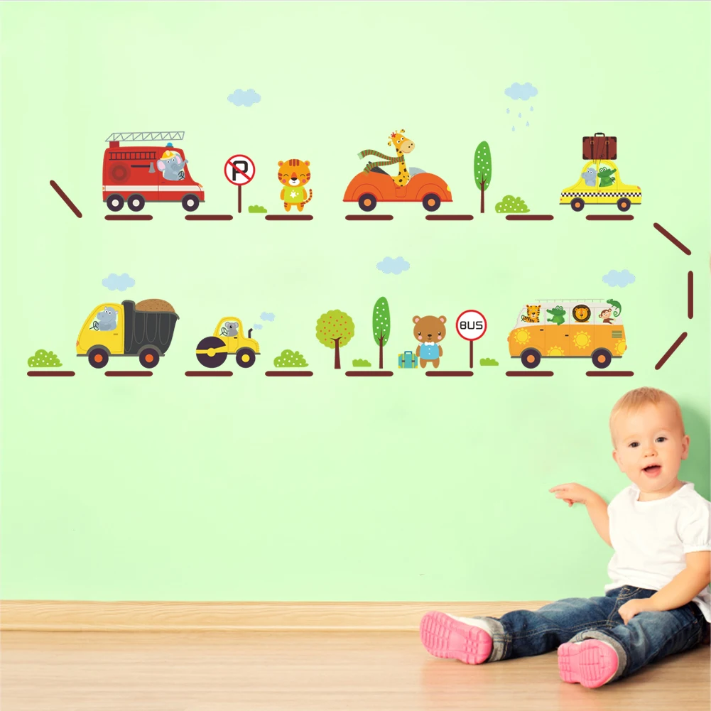 Catoon Animals Drive Truck Car Excavator Wall Sticker For Kindergarten Kids Room Home Decoration Diy Safari Mural Art Pvc Decal