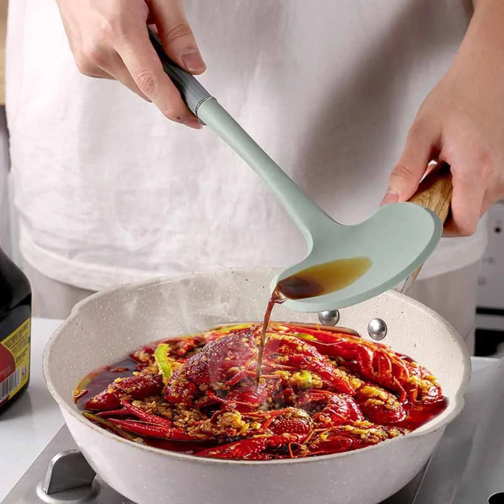 2in1 Kitchen Stir Fry Spoon Silicone Material Long Handle Cooking Spoon Non-Stick Multifunctional Frying Spatula Kitchen Tools