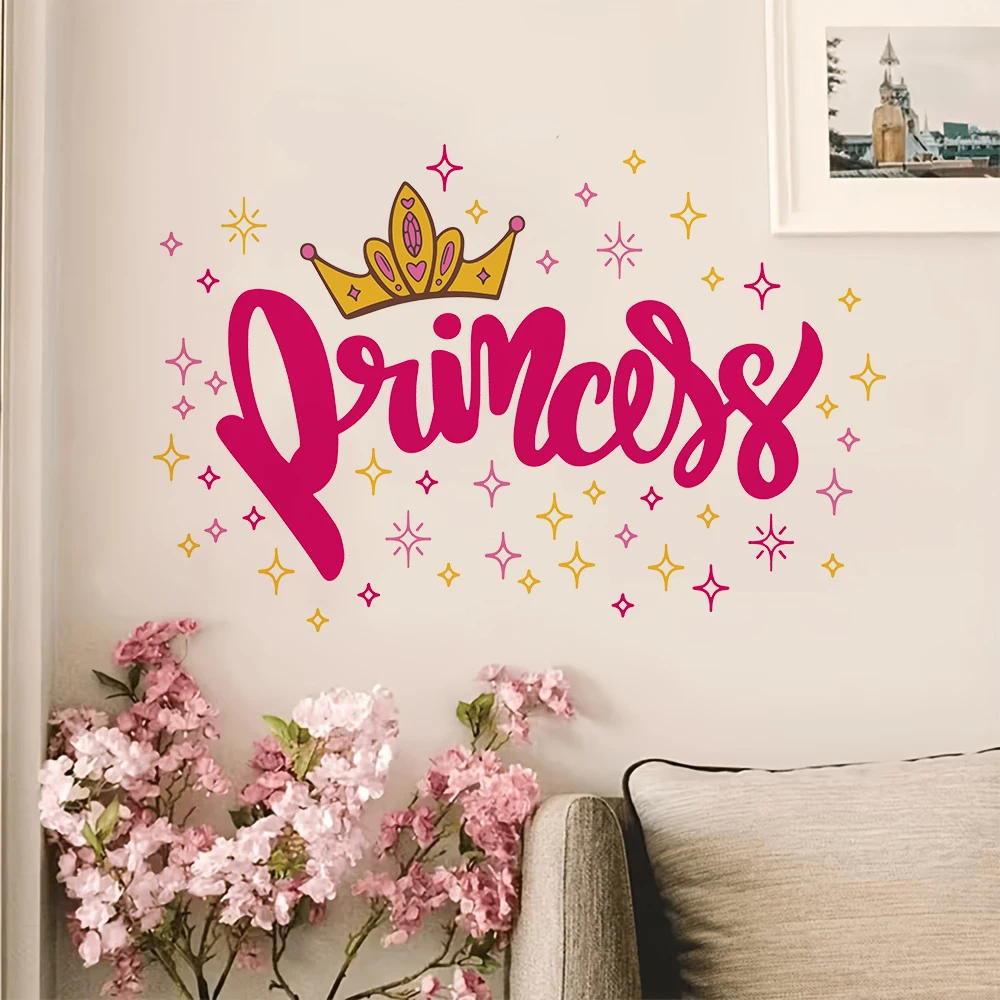Pink Fairy Princess Crown Star Wall Stickers Decals for Girl Bedroom Playroom Living Room Home Wall Decor
