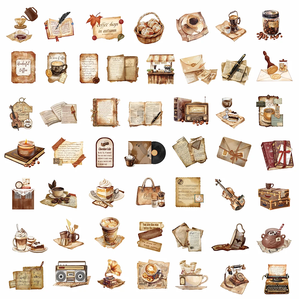 50PCS Cartoon Retro Cafe Stickers Cute Animal Decoration Storage Box Luggage Notebook Skateboard Stickers