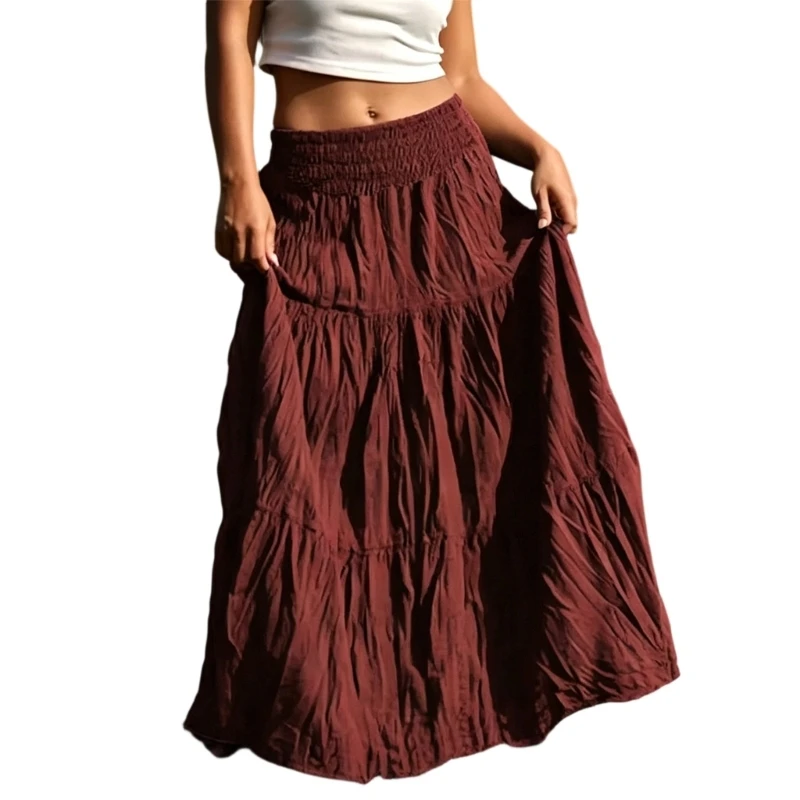 77HE Skirts for Women, Long Maxi Flowy Skirts, A-Line Ruffle Elastic High Waist Tiered Casual Beach