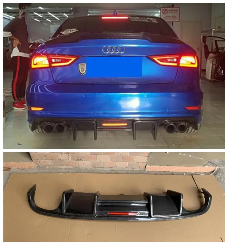 For Audi A3 S3 Sline 2017-2020 (With LED Lights) High Quality Carbon Fiber Rear Trunk Lip Bumper Diffuser Protector Cover