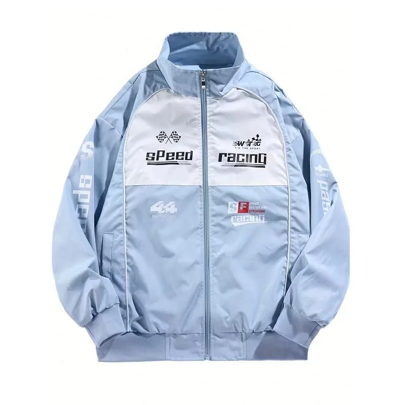 Retro Racing Jacket Men Black White Color Block Stand Collar Zip‑up Windbreaker Streetwear Motorsport Outerwear