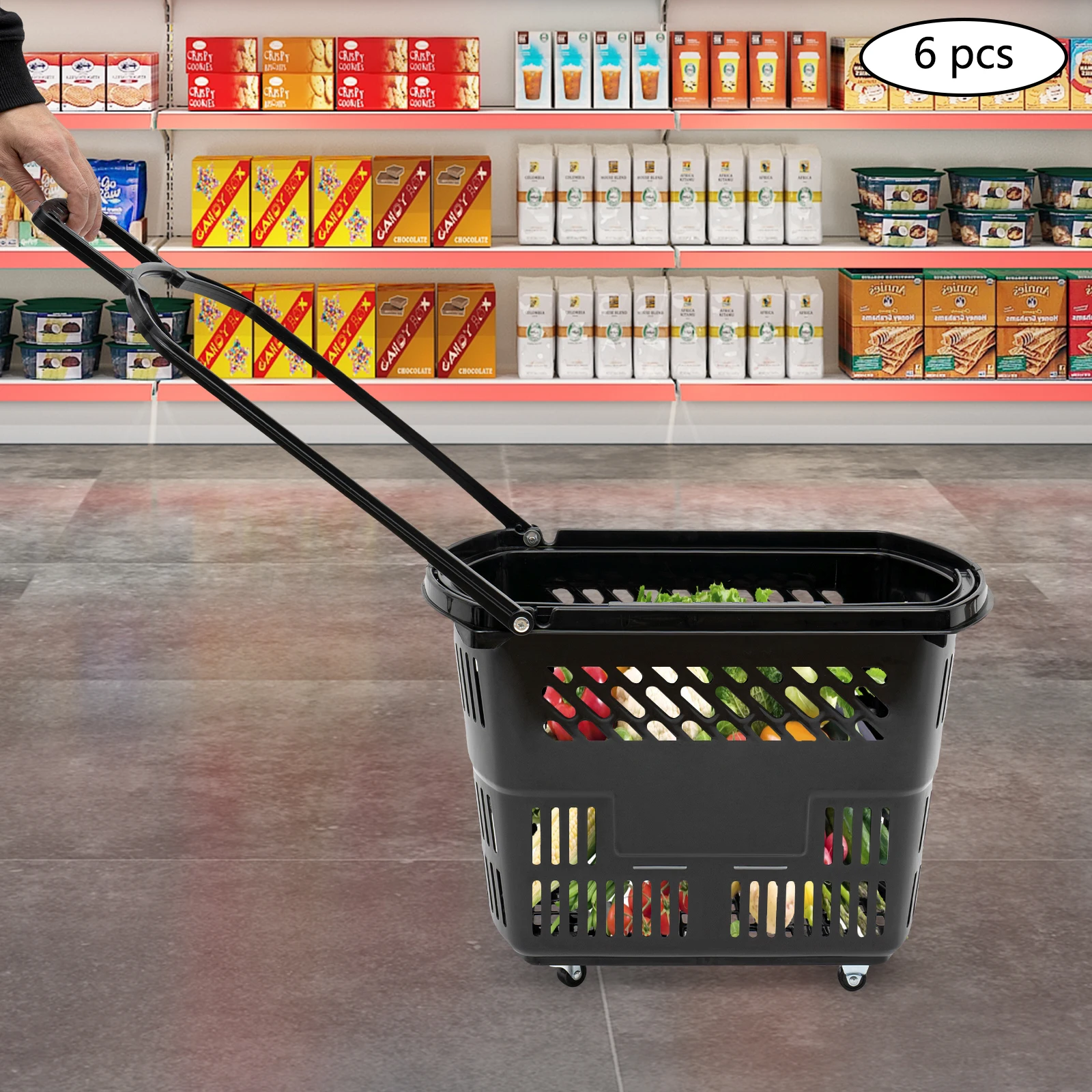 6 Pack Rolling Shopping Baskets 9.2 Gal 110LBS Capacity PP Foldable Handle 4 Wheels 2 Universal 2 Directional Grocery Cart for Supermarket Warehouse Store Black Lightweight Durable