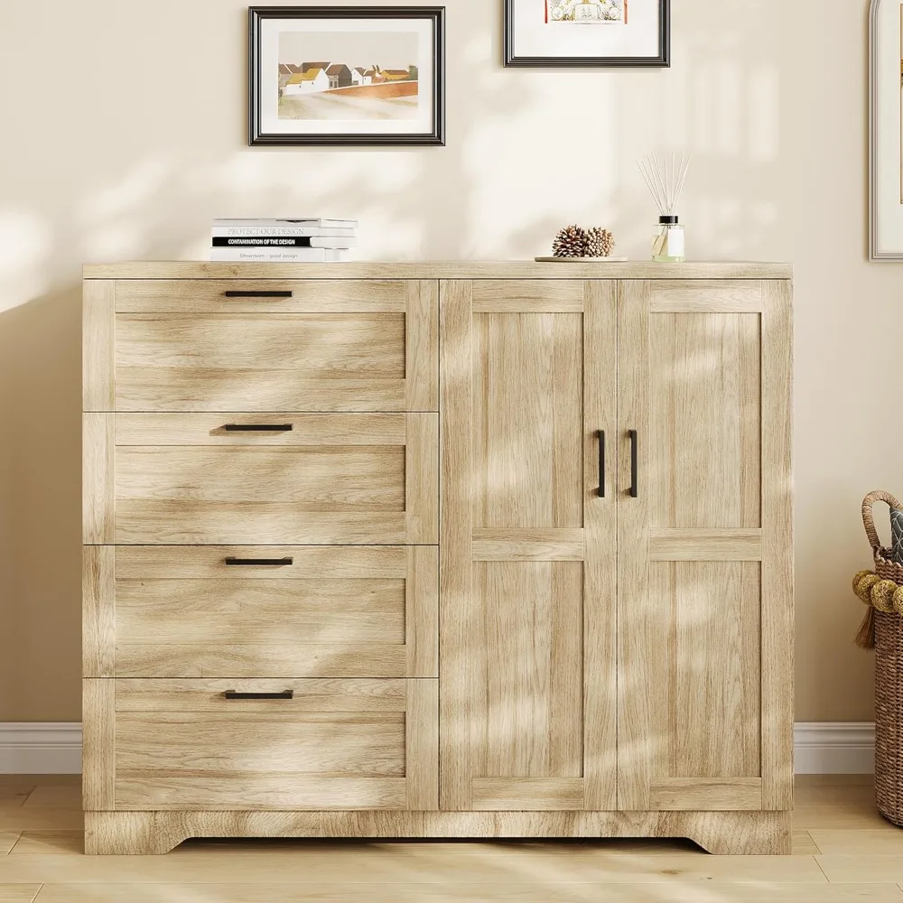 

Multifunctional Wooden Dresser for Bedroom, 43.3'' H 2 Door Wardrobe Armoire Closet with 4 Drawers and Hanging Rod, Low Storage
