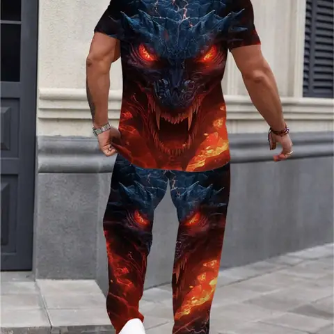 Summer Dragon Fashion 3D Print Men Sportswear Set Casual Short-Sleeved T Shirt Pants 2-Piece Set Oversized Pullover Men Clothing