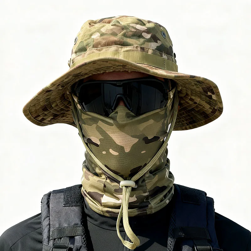 Camouflage Boonie Cap Balaclava Hat Suit Foldable Soft Hat Outdoor Hunting Fishing Wide Brimmed Hat Sunscreen Caps