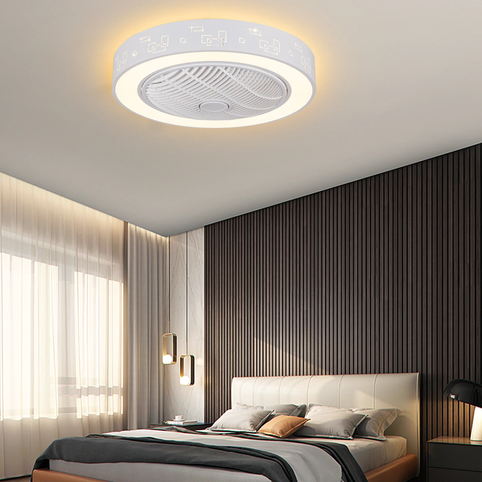 22 Inch Modern Ceiling Fan With Light Simple LED Bedroom Chandelier Acrylic Pendant Lights Tricolor Adjustable Remote Lamp