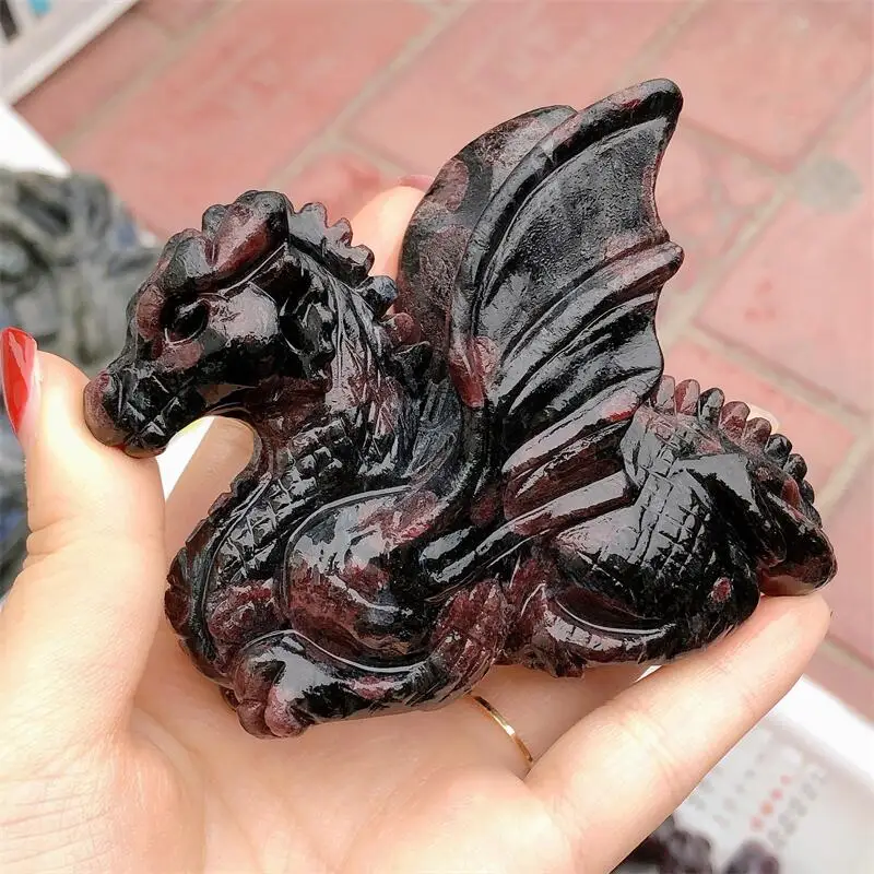 Natural Garnet Dragon Carving Gemstone Healing Crystal Reiki Carved Stones Room Office Decoration Gift 1PCS