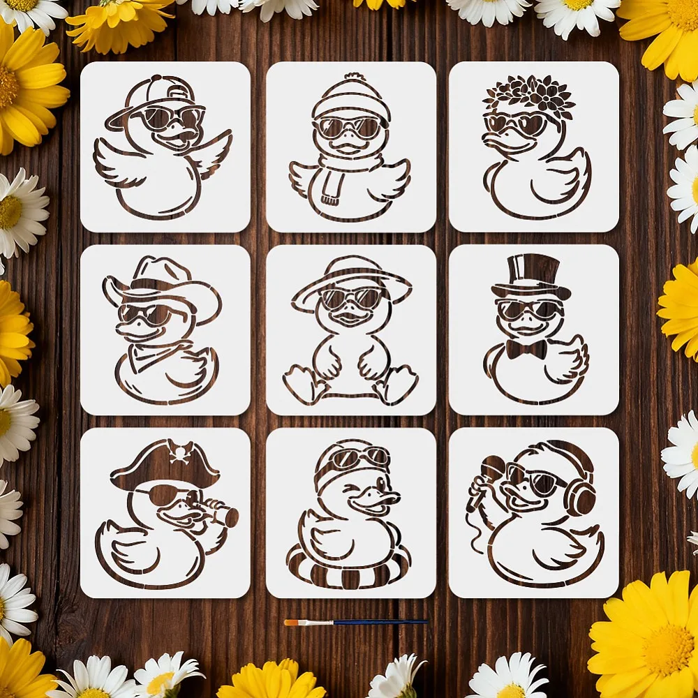9Pcs Cute Duck Stencils Reusable Sunglasses Duck Stencil for Painting 7.9×7.9Inch Funny Animal Drawing Template with Paint Brush
