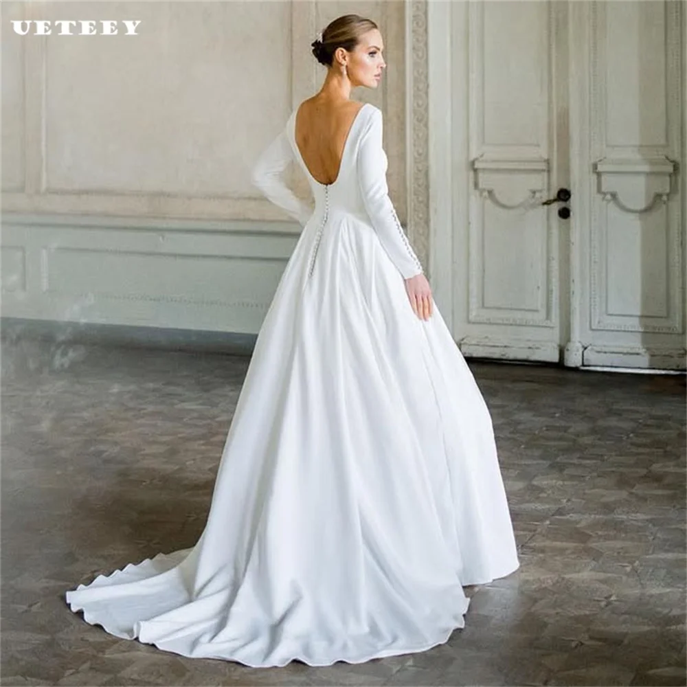 

UETEEY Customized Simple Boat Neck Long Sleeves Crepe A Line Wedding Dress For Women Open Back Court Train Bridal Gown vestidos