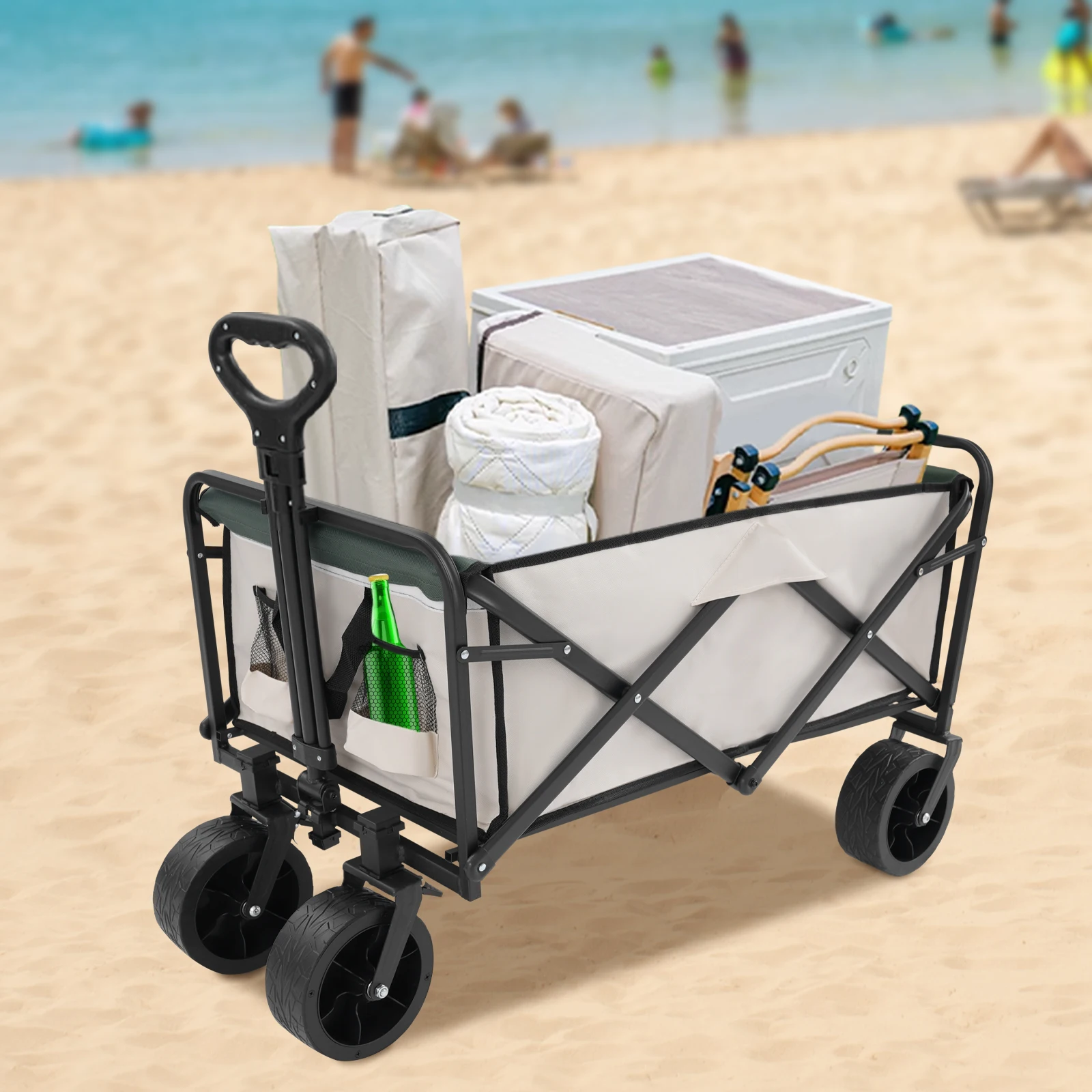 Carrito Plegable con Capacidad de 115 kg, Ruedas Todoterreno Extra Anchas con Frenos, Manillar Ajustable, Carrito de Camping, Ideal para Picnic en la Playa, Camping, Compras