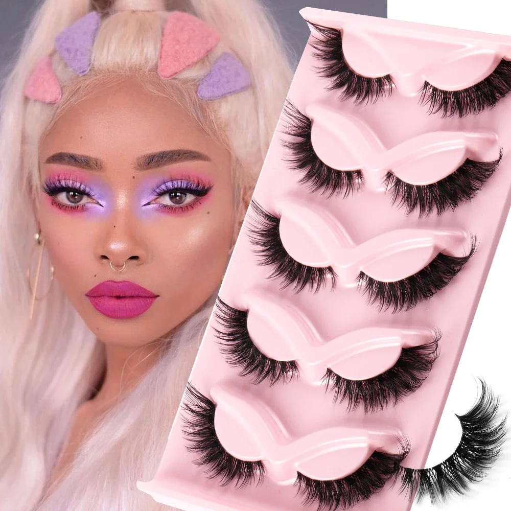 5 pairs Cat eye Eyelashes 3D Natural False Lashes Fluffy Soft Cross Clear Band Lashes Manga Lashes Wispy Eyelash Makeup