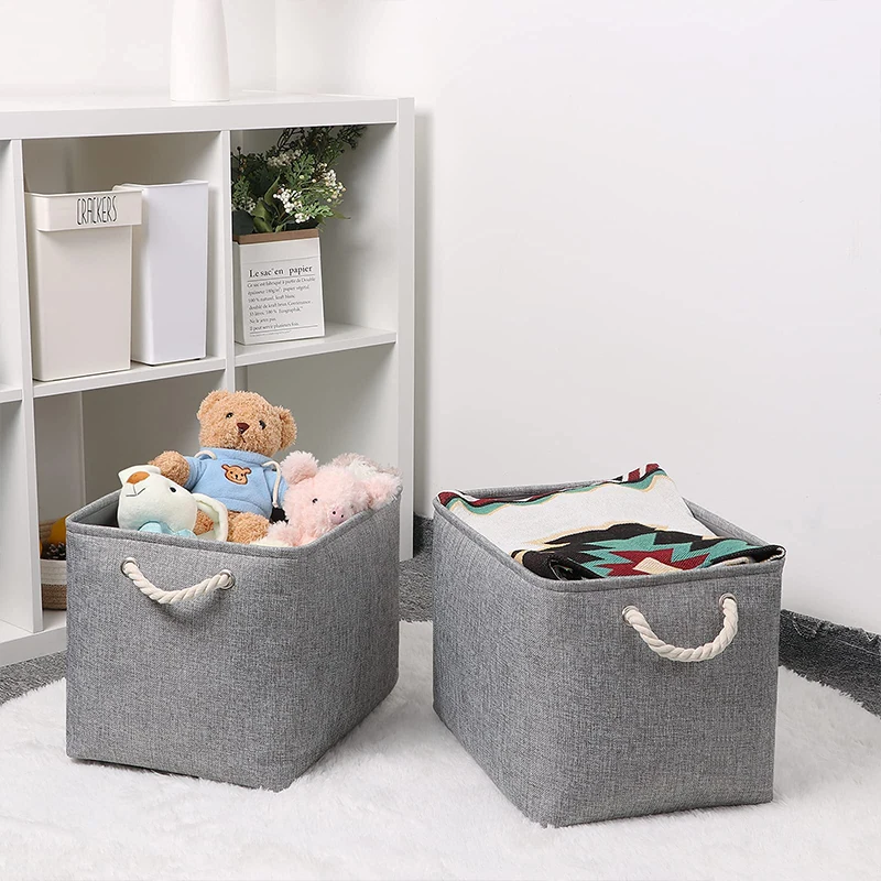 Grand panier de rangement pliable en coton et lin, avec poignée, boîte de rangement pour vêtements ménagers, articles divers, jouets, linge sale