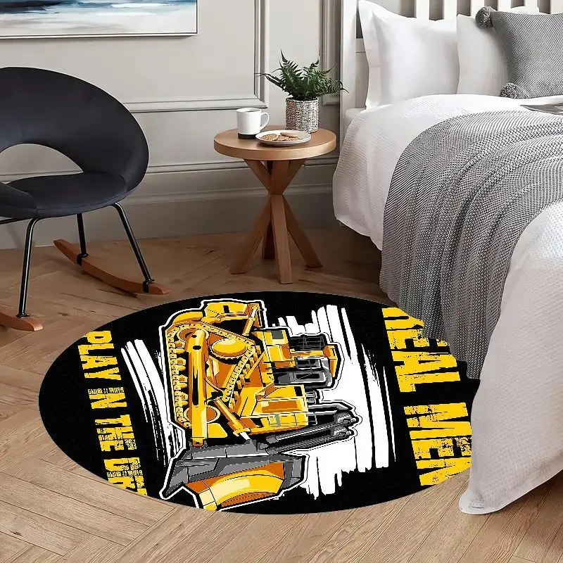 2D Excavator construction rug flannel round mat kids boy room toy truck builder theme playroom educational fun non slip safe