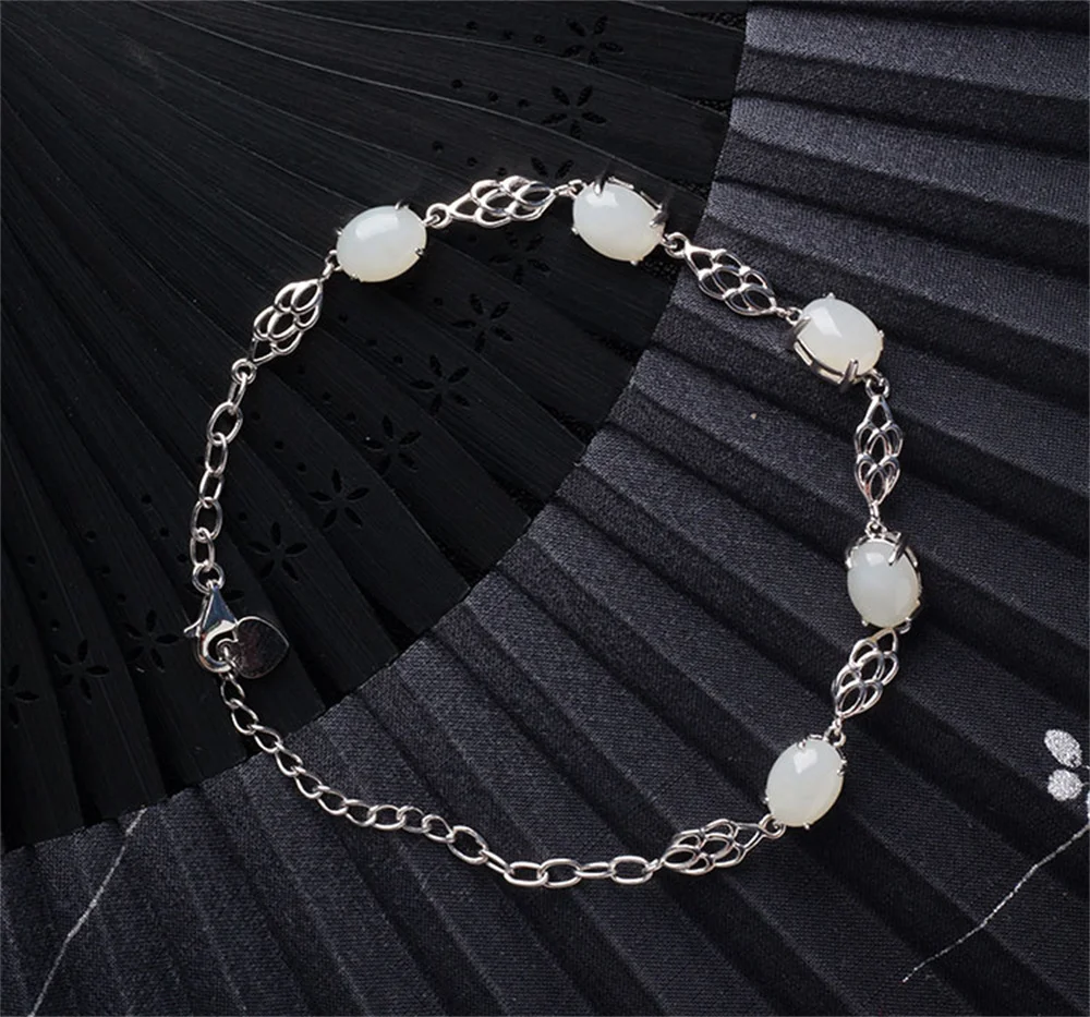 Genuine 925 Silver Natural White HeTian Jade Lucky Bracelet Charm Chain Link Bracelets Luxury Gift Certificate Fine Jewelry