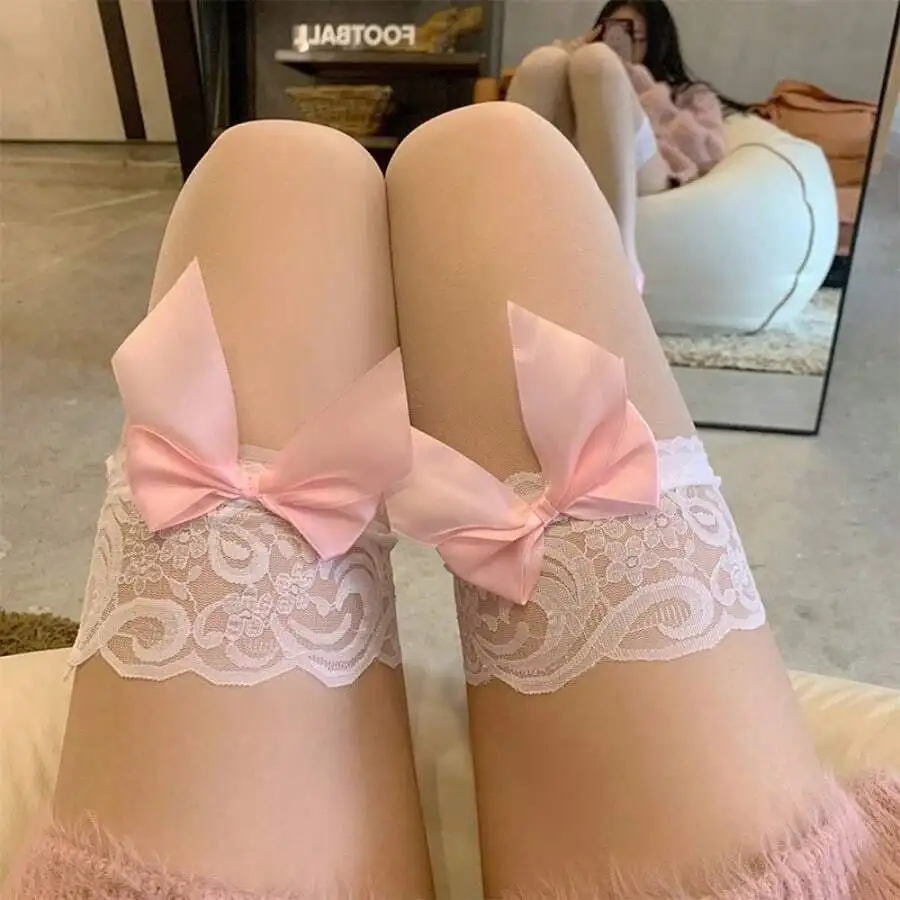 

Pink Lace Top Thigh High Stockings with Bow Detail, Sheer & Sexy for Women
