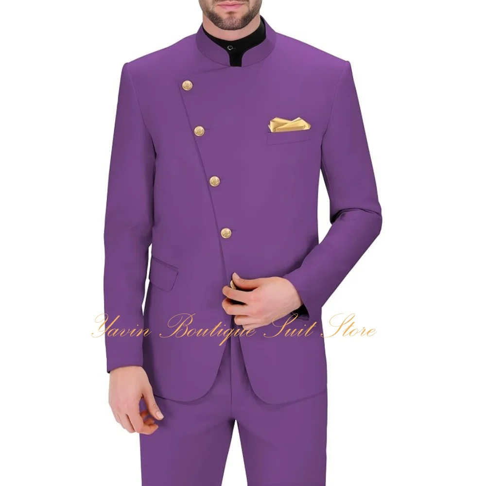 Formal Men's Mandarin Collar Suit 2 Piece Chinese Tunic Suits for Men Gold Button Blazer Pants Set for Wedding Prom Tuxedo