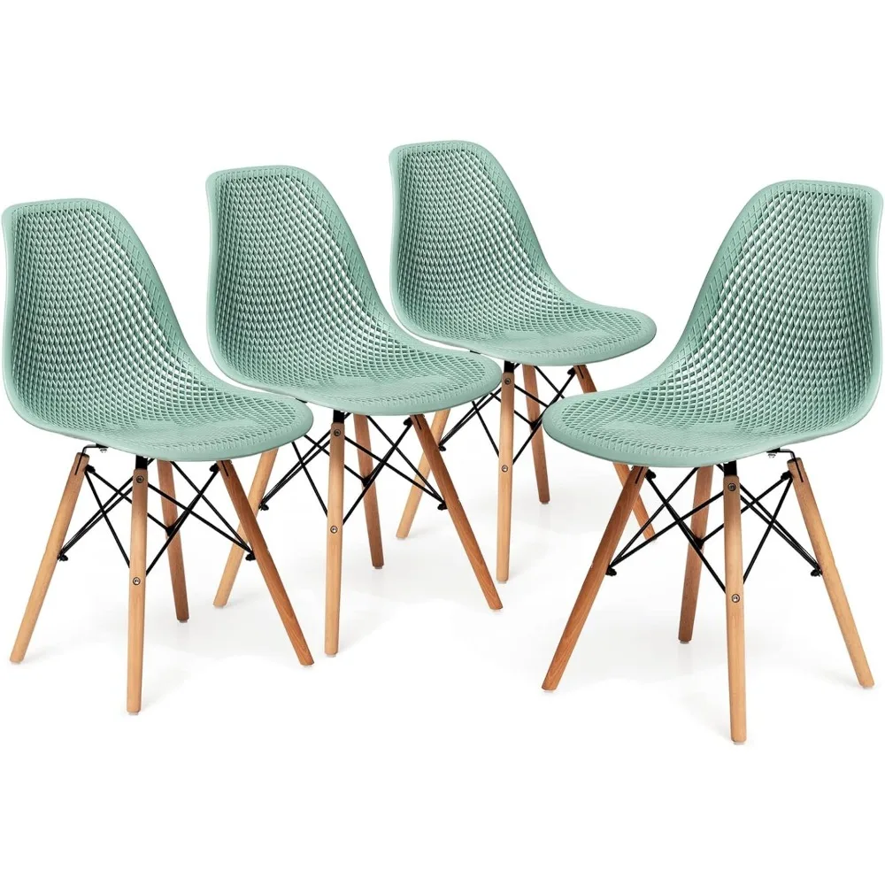 

Set of 4 Dining Chairs, DSW Molded Shell Plastic Side Chairs with Mesh Design, Solid Wood Legs, Mid-Century Modern Armless Side