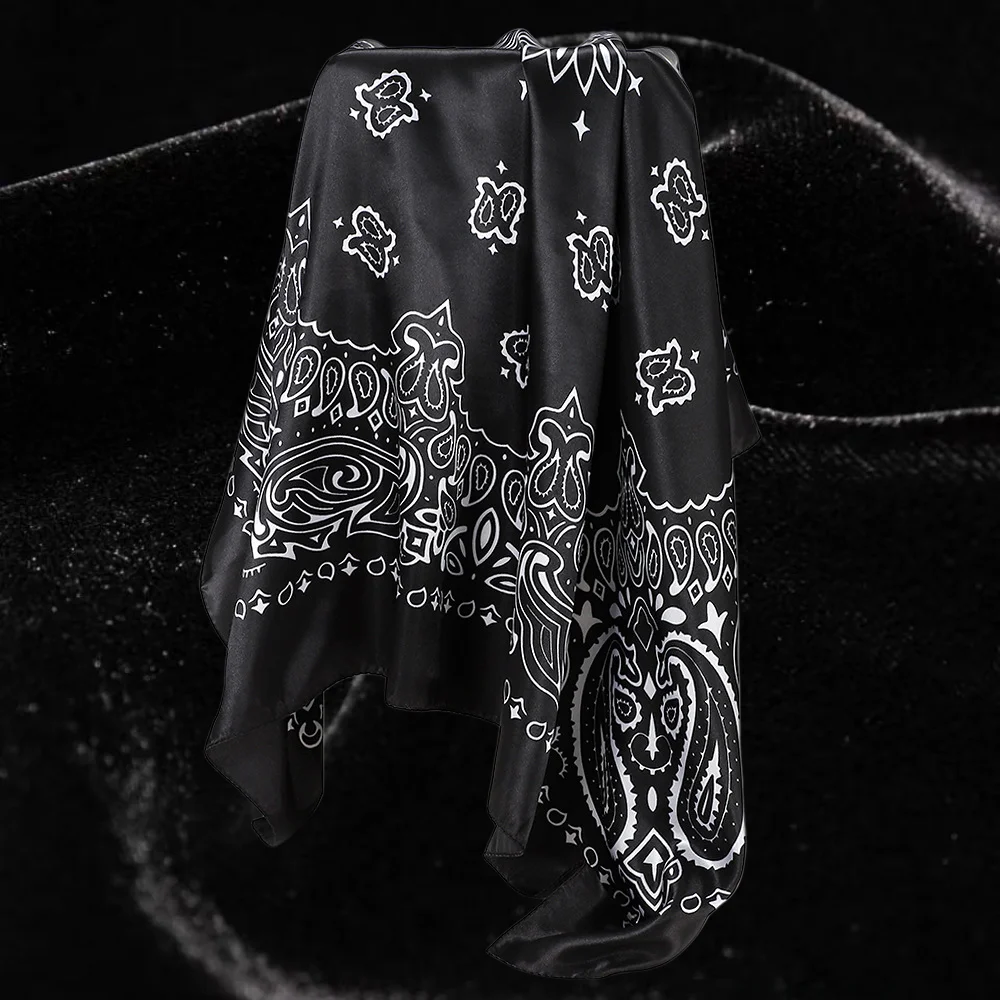 90cm Paisley Print Satin Square Scarf Wild retro headscarf women fashion accessory Black white paisley satin scarf