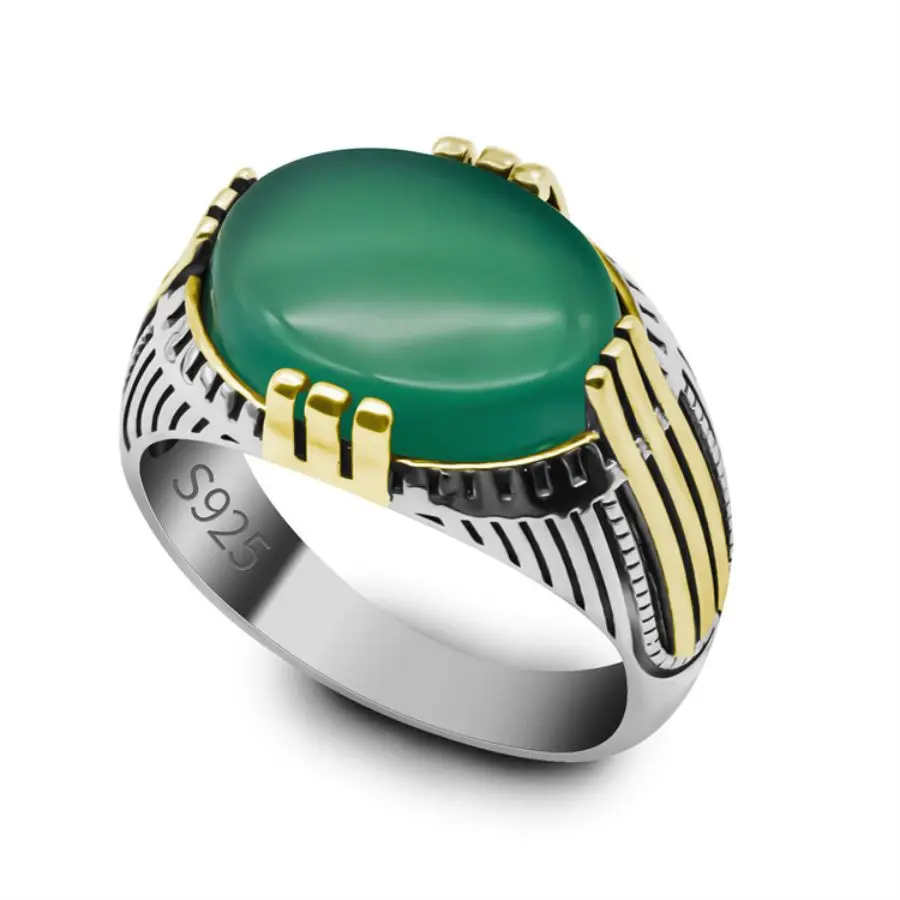 Wholesale Ring Men Silver Muslim in 925 Sterling Stylish Green Natural Agate Stone Band Ring