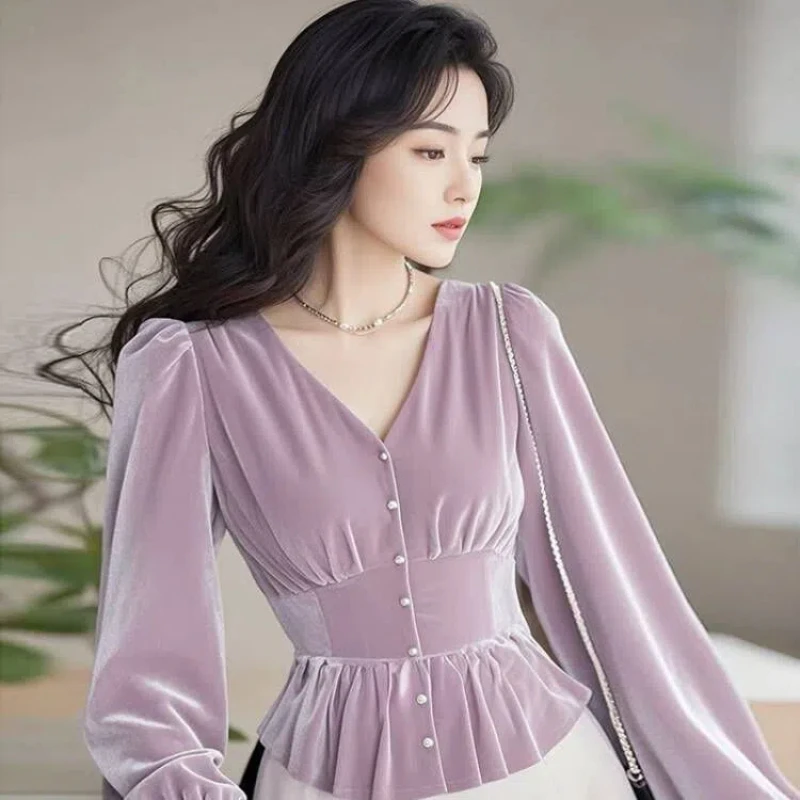 

Spring Autumn Long Sleeve V Neck Button Elegant Blouse Solid Slim Pleated Korean Shirt Tops Fashion Temperament Women Clothing