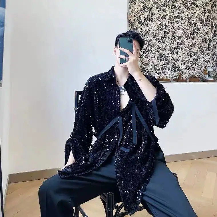 الرجال أحمر أسود الترتر القمصان الذكور المغني الحفل حفلة مرحلة الأداء الملابس شخصية تألق قميص عاكس Ropa #6