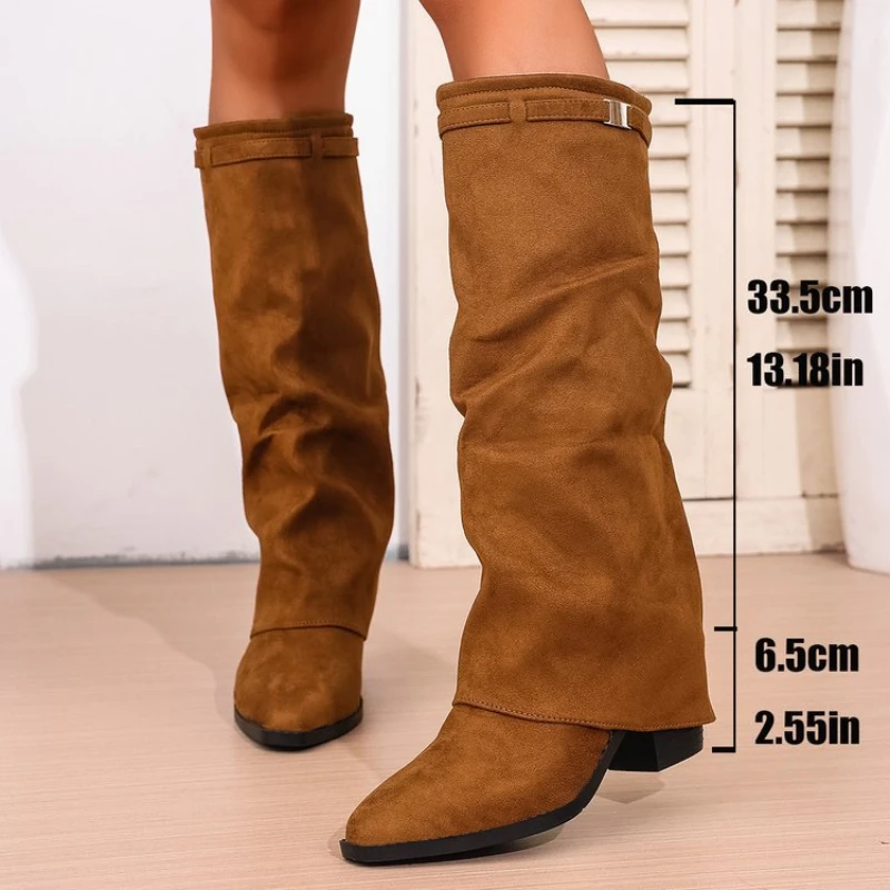 Women's Plus-size Pointed-toe Thigh-high Trousers Boots with Pleats Chunky Heels Slip-on High-heeled Versatile Fashion Boots