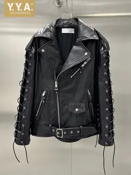 Designer Women Moto Biker Cowhide Genuine Leather Jacket Lace Up Rock Stage Show Coat Belted Autumn Luxury Punk Jacket
