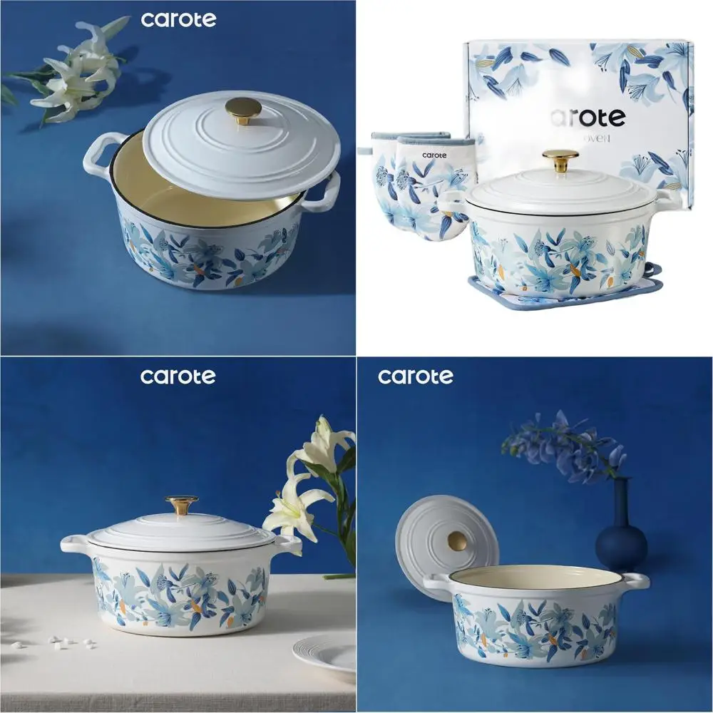 

Enameled Cast Iron Dutch Oven, 5 QT Floral Design, with Cotton Potholders & Oven Mitts, Ideal for Bread, Braising, Stews, Roasti