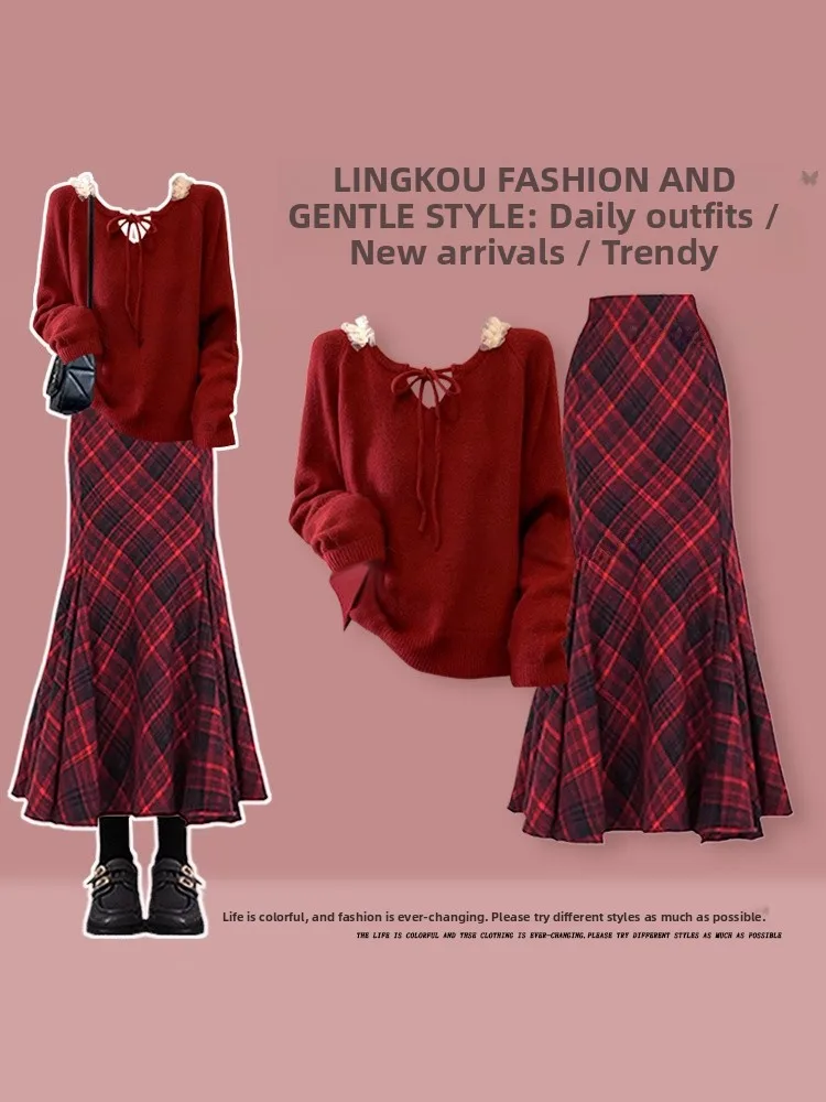 

Cisas Theme Knitted Sweater And Skirt Set for Women Ele Red Fi Tail Plaid Dr Autumn Winter Faion Outfit