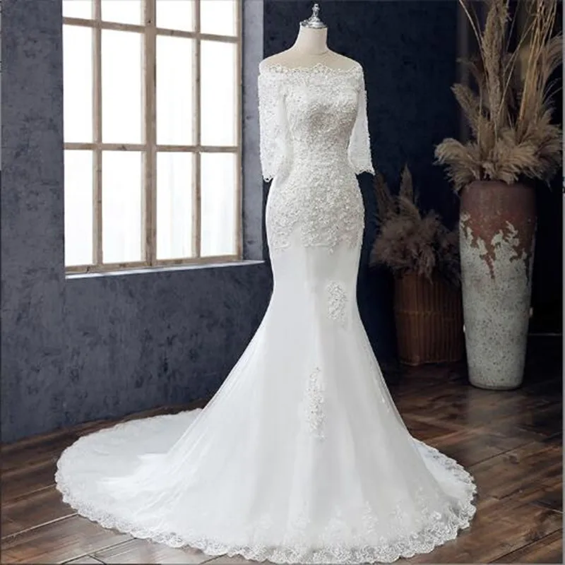 Half Sleeve Off The Shoulder Wedding Dresses Backless Women's Lace Appliques Vestidos De Novia Robe De Mariée Wedding Bride Gown