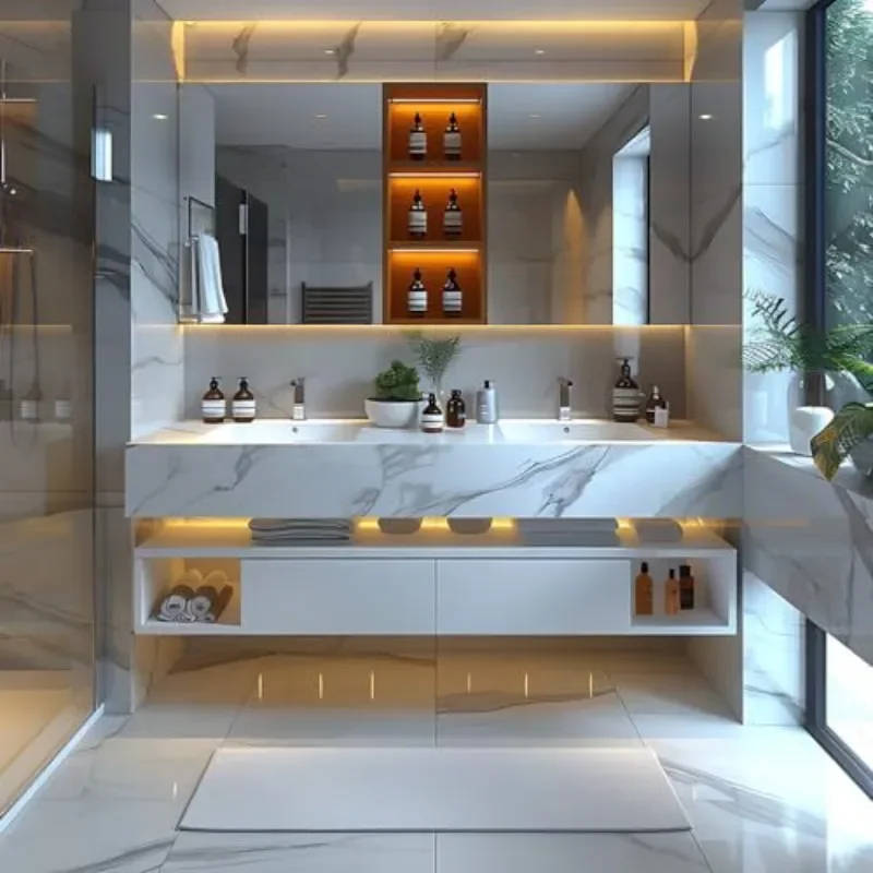 Modern White Sintered Stone Wall Mounted Bathroom Vanity with LED Mirror Touch Defogger Washbasin Cabinet Combo